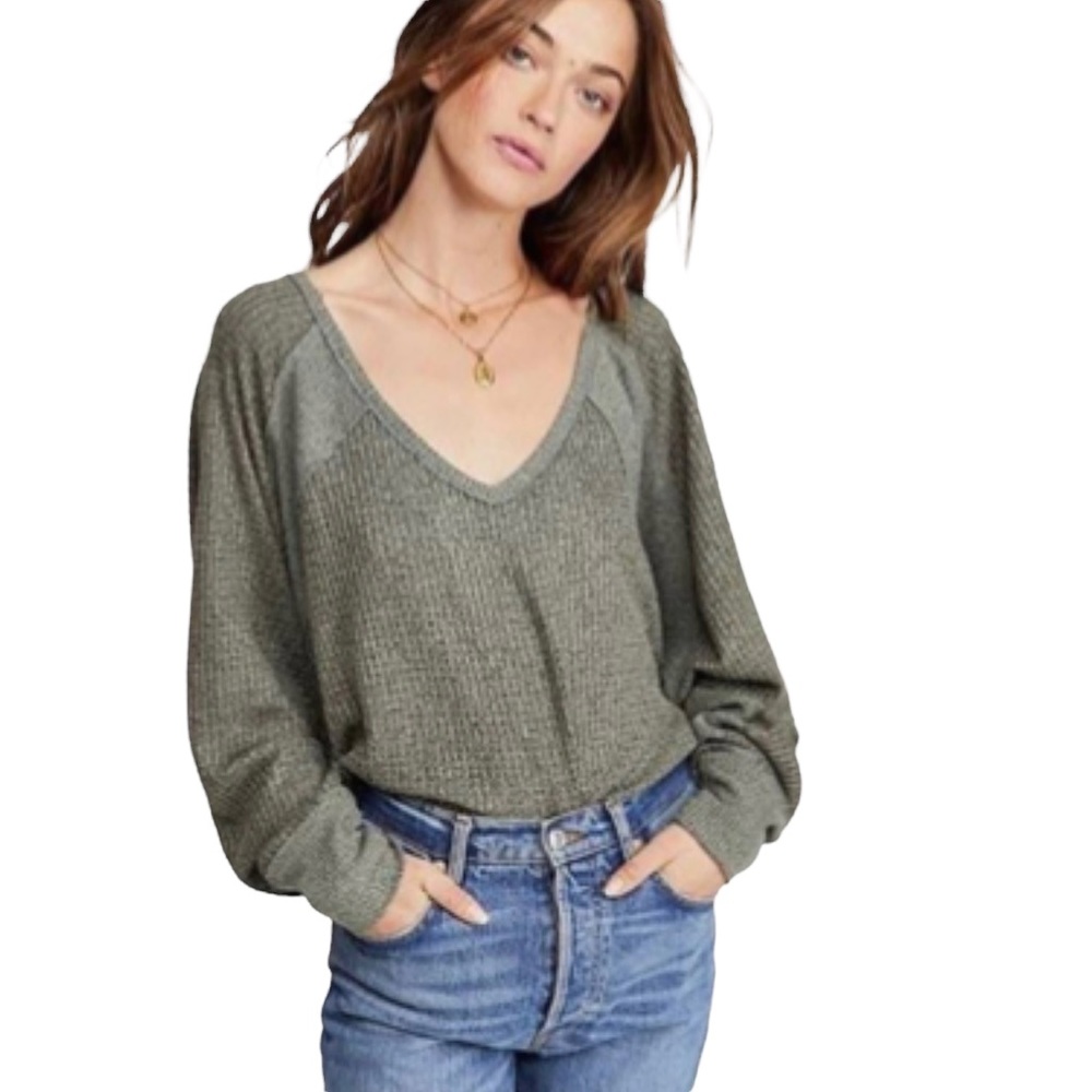 Free People Santa Clara Thermal Green V Neck Long Sleeve Textured Top XS
